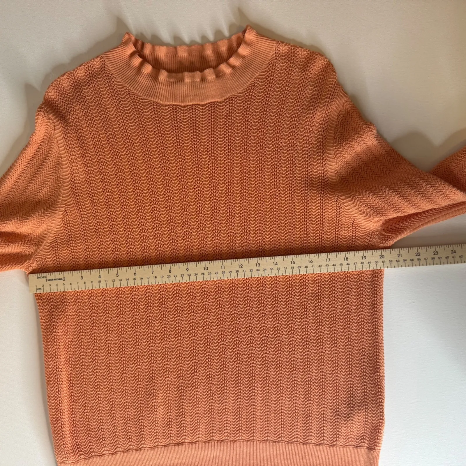 J Crew Cotton‎ Knit Sweater Sz XL Peach Ruffle Mock Neck Long Sleeve Coastal - Image 8