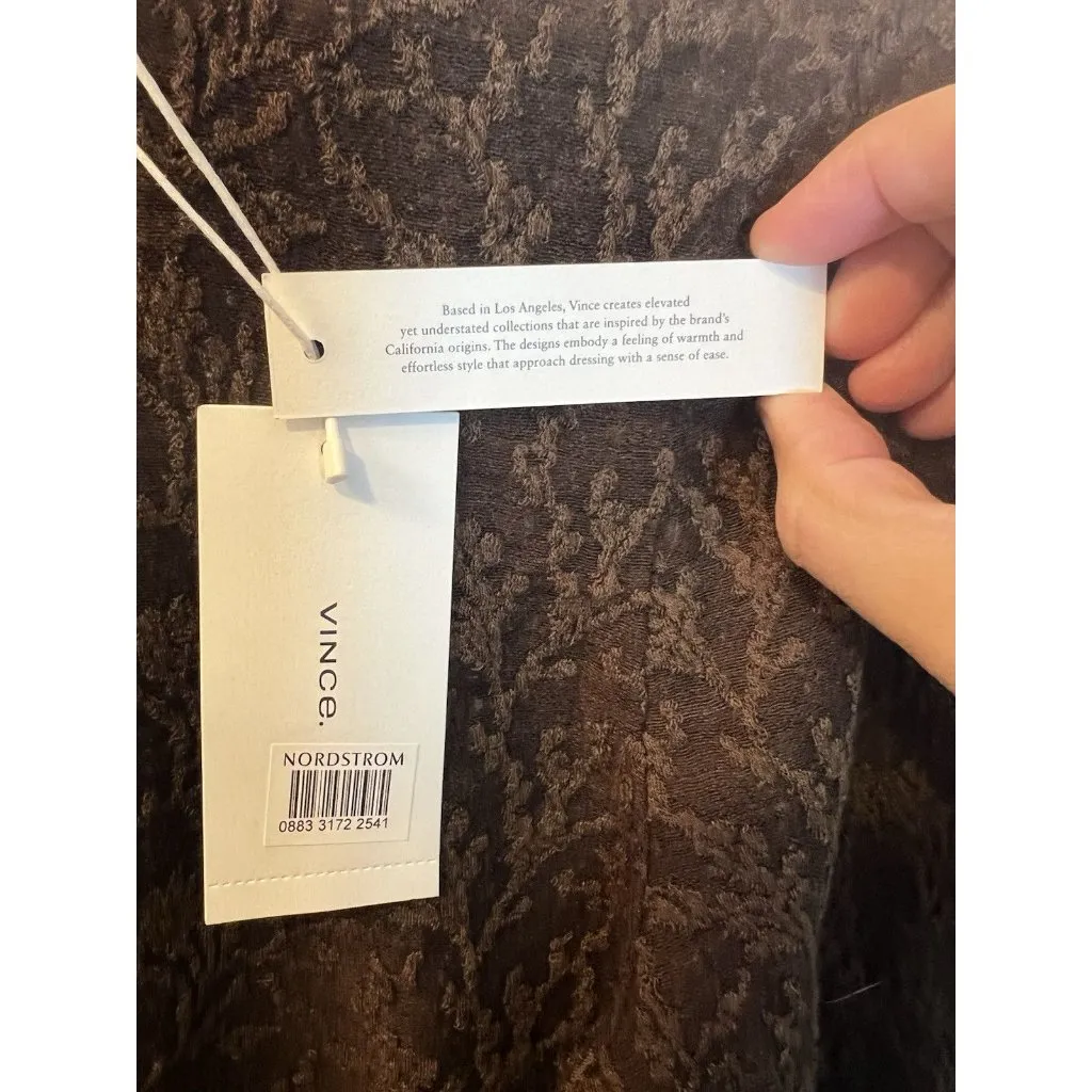 Vince Jacquard Crewneck Lace Top Large Brown Wool Blend Long Sleeve Fitted NWT - Image 6