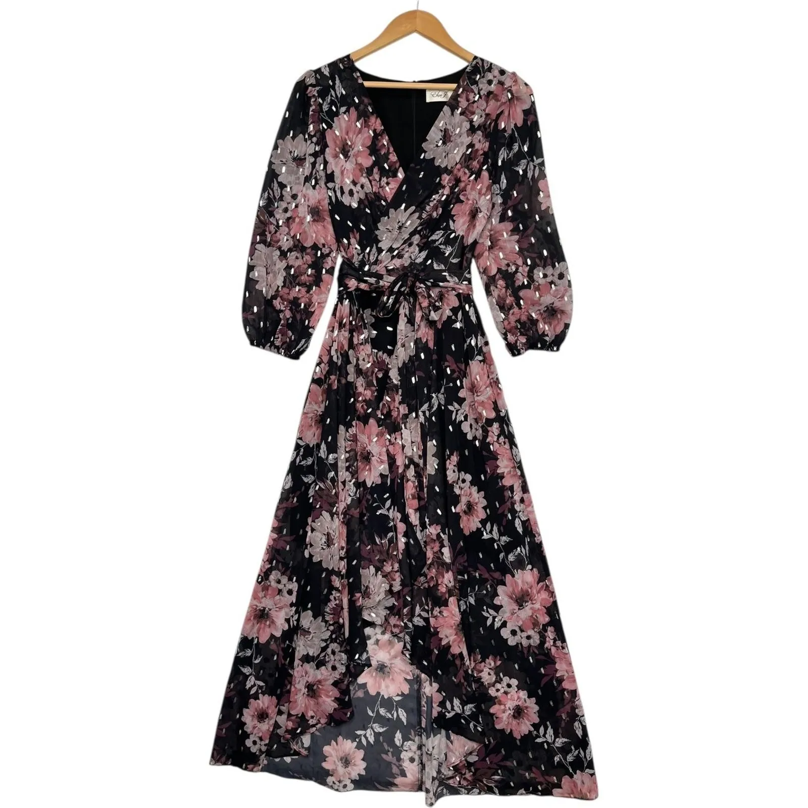Eliza J Dress Womens 6 Black Pink Floral Maxi Wrap Chiffon Metallic Wimsigoth - Image 3