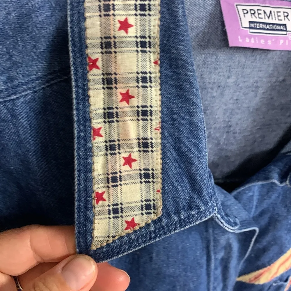 Vintage Denim Cat Patchwork Shirt Size 1X Blue - Image 7