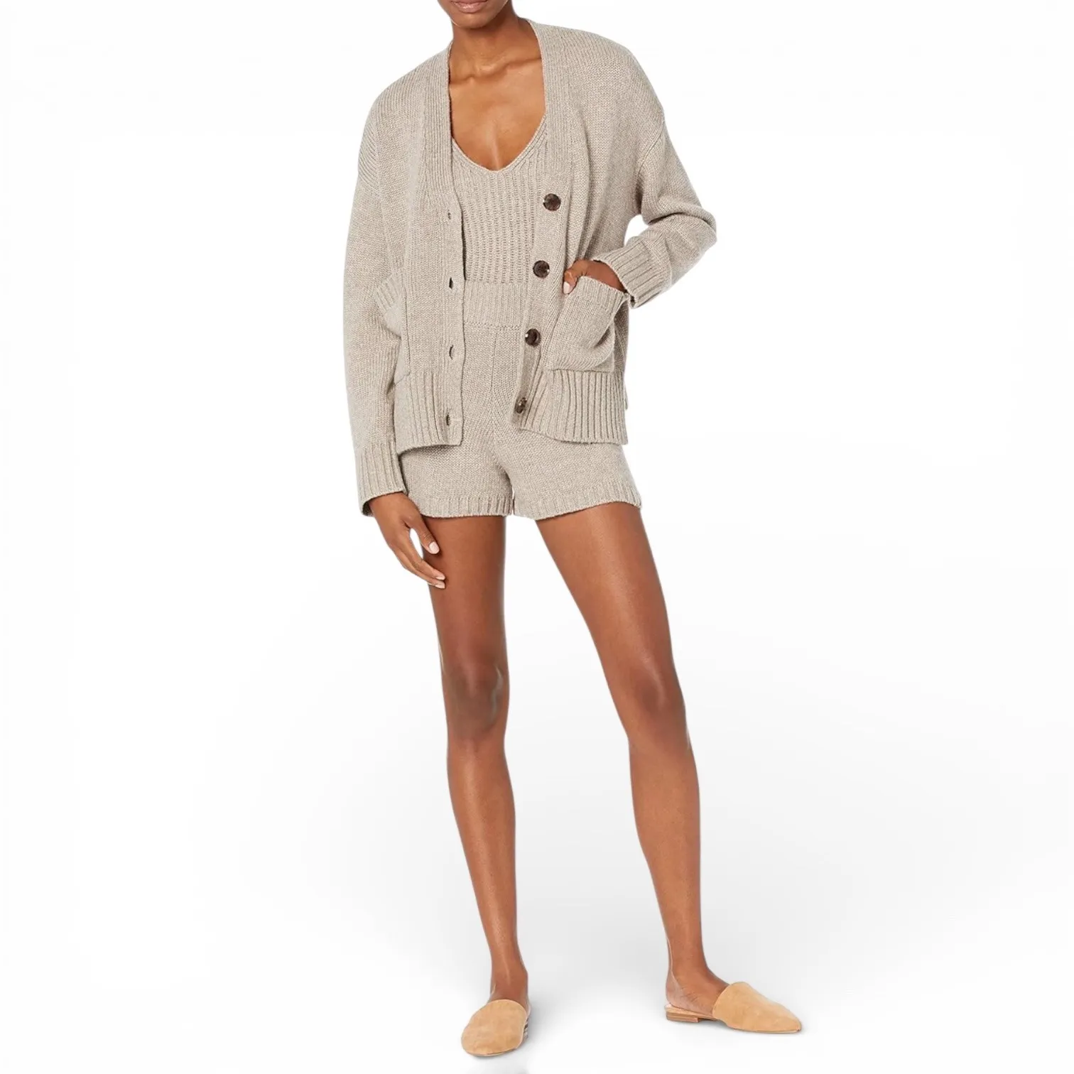 The Drop Sylvie Ribbed Knit V Neck Sleeveless Crop Tank Top Heather Mushroom M Tan Size M - Image 4