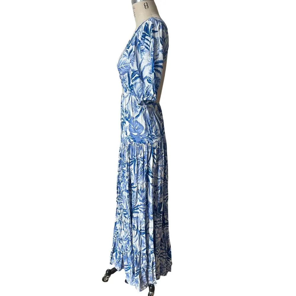 NWOT Seven Wonders Kiah Blue Floral Tiered Cutout Backless Maxi Dress Size Small - Image 4