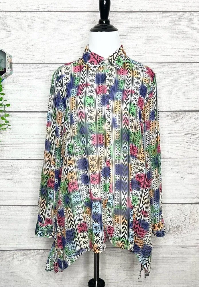Retro Vintage 90’s Colorful Pattern Semi Sheer Button Up Shirt Size Medium - Image 11