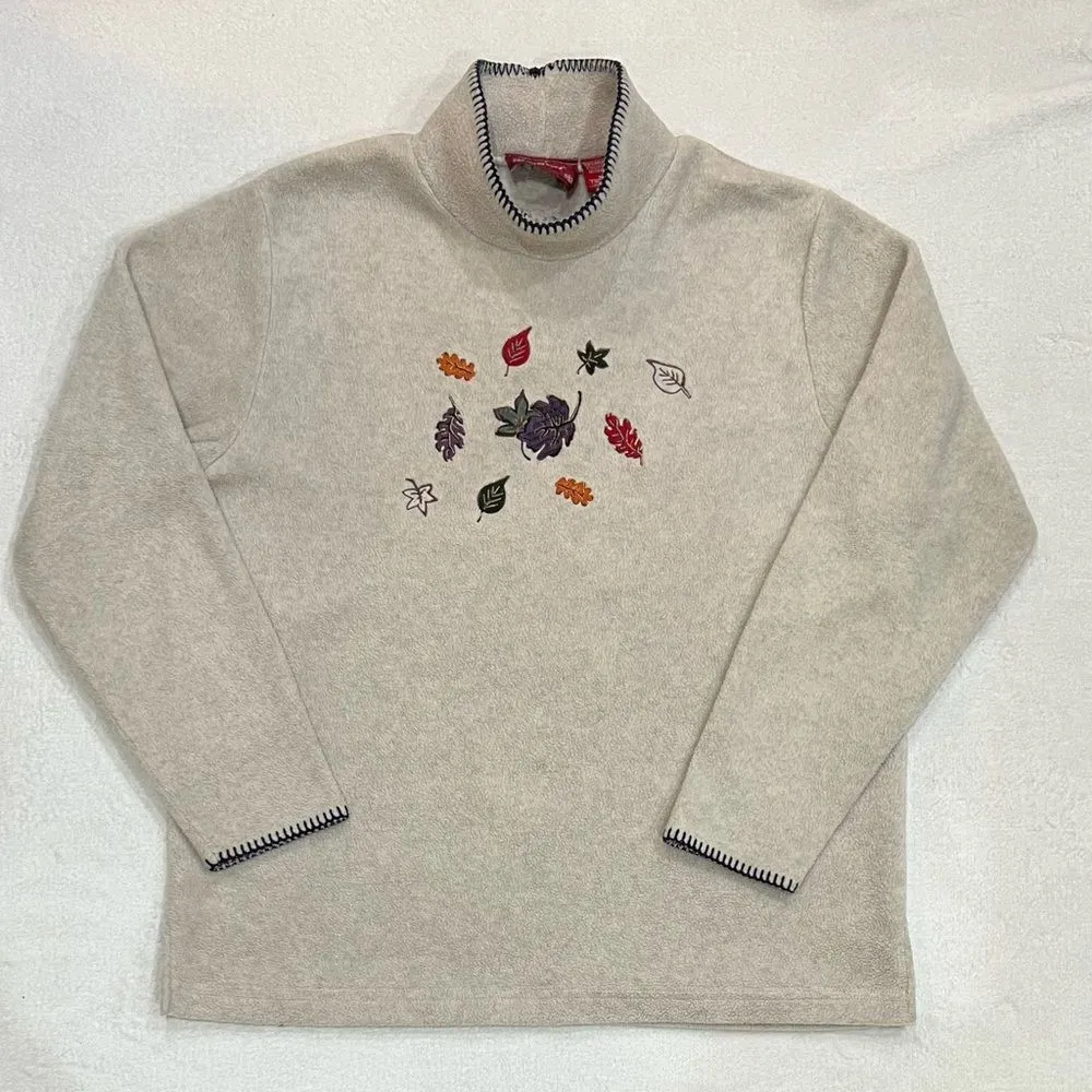 NorthCrest Fall Leaves Fleece Mock Neck Pullover Size Medium Red - Image 4