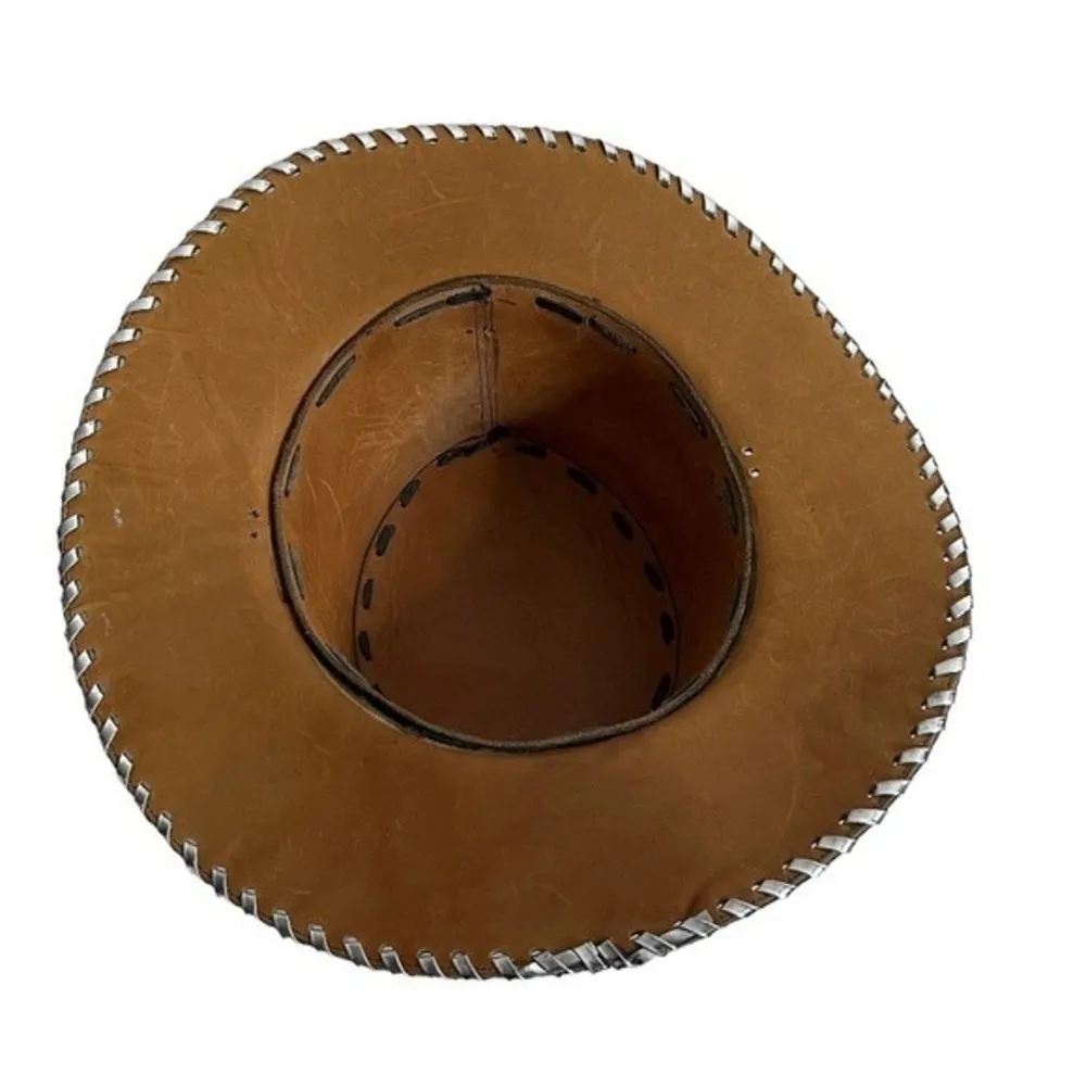 Black Leather Hat Silver Laced Edge Outback Southwestern - Image 4