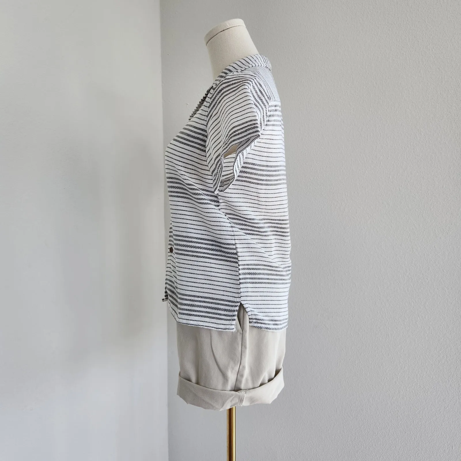 Y2K Distortion Black White Striped Button Up Collared Short Sleeve Top S - Image 5