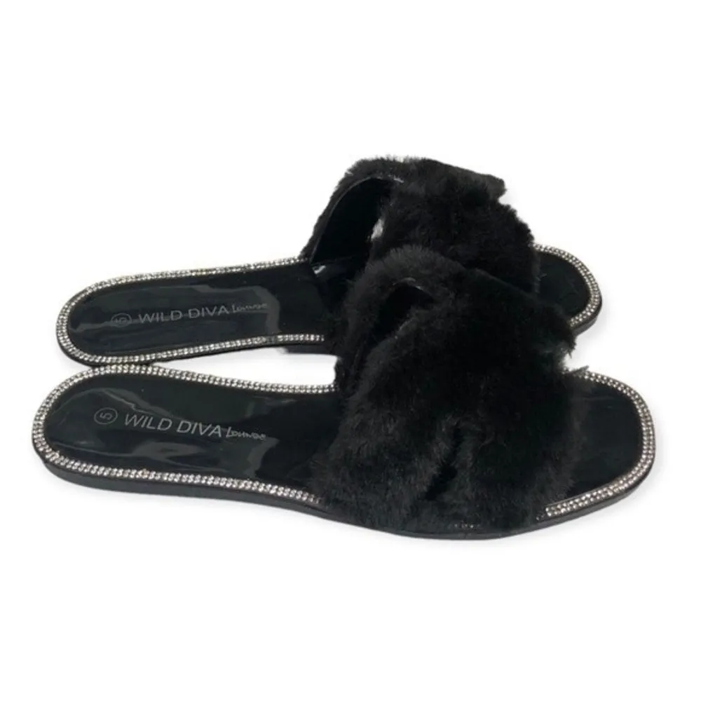 Wild Diva Lounge Black Faux Fur Rhinestone Slides - Image 33