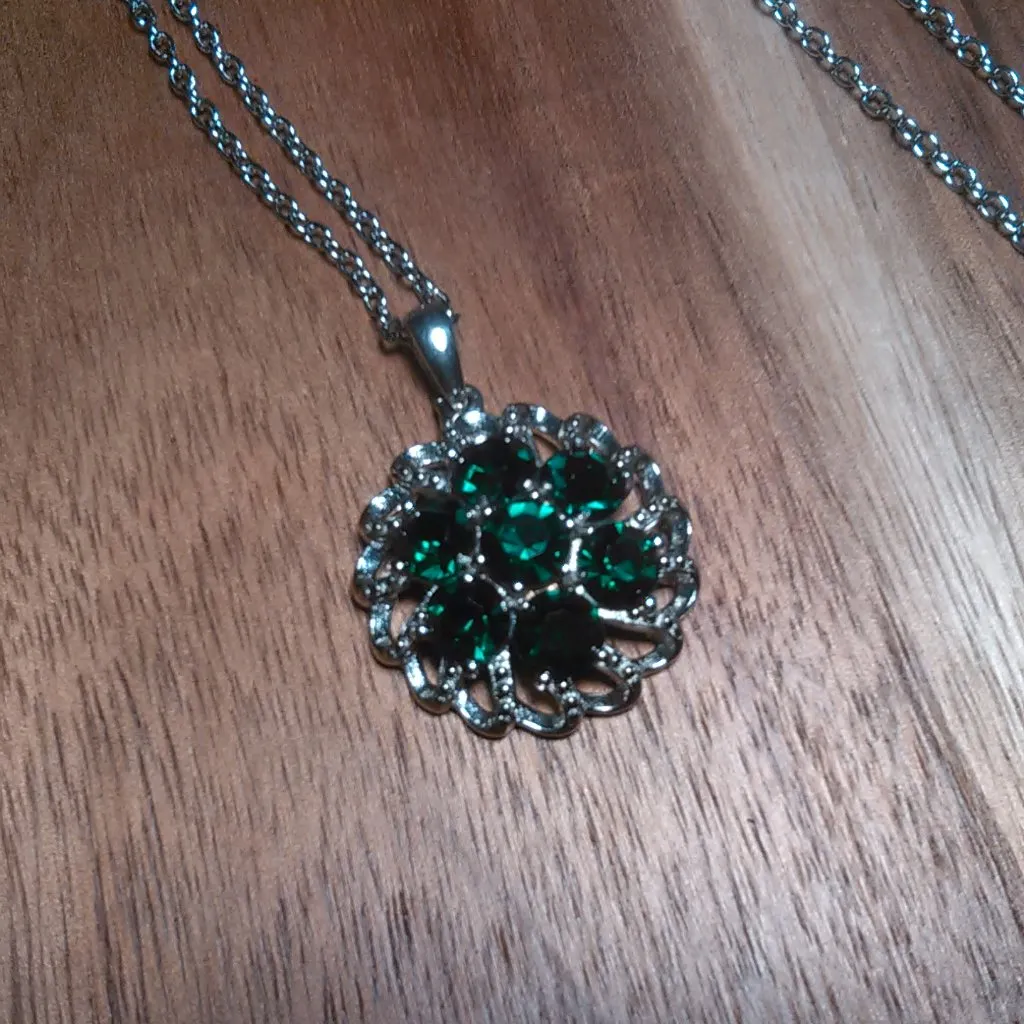 Green Crystal Floral Platinum over Brass Pendant Stainless Steel Necklace - Image 7