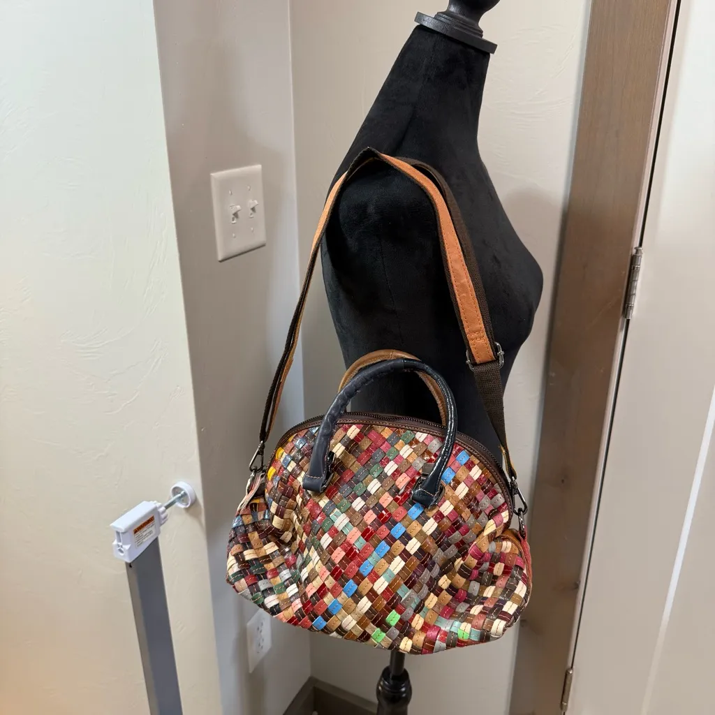 Multicolor Leather Basket Weave Shell Purse Bag Shoulder Crossbody Abstract - Image 2