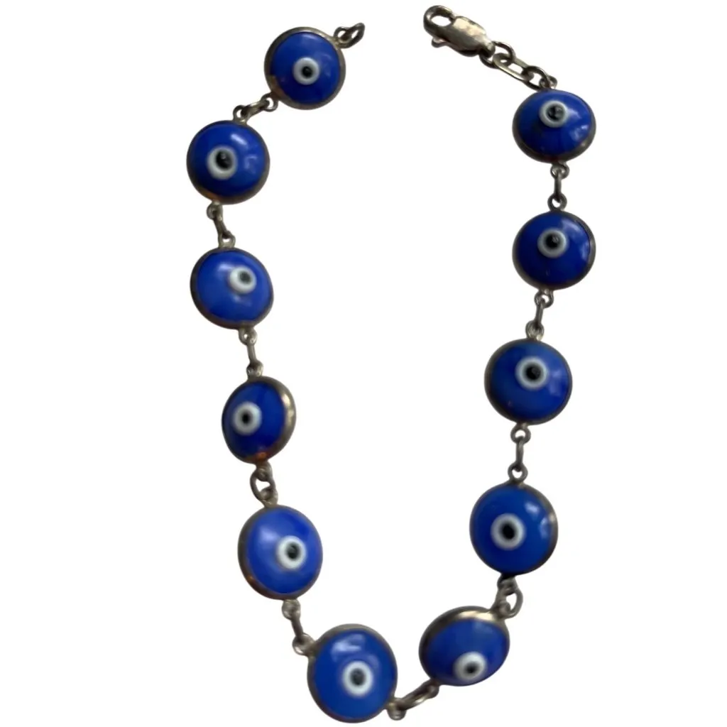 Evil Eye Protection Bracelet With Blue Glass Beads & Metal Links A171 - Image 2