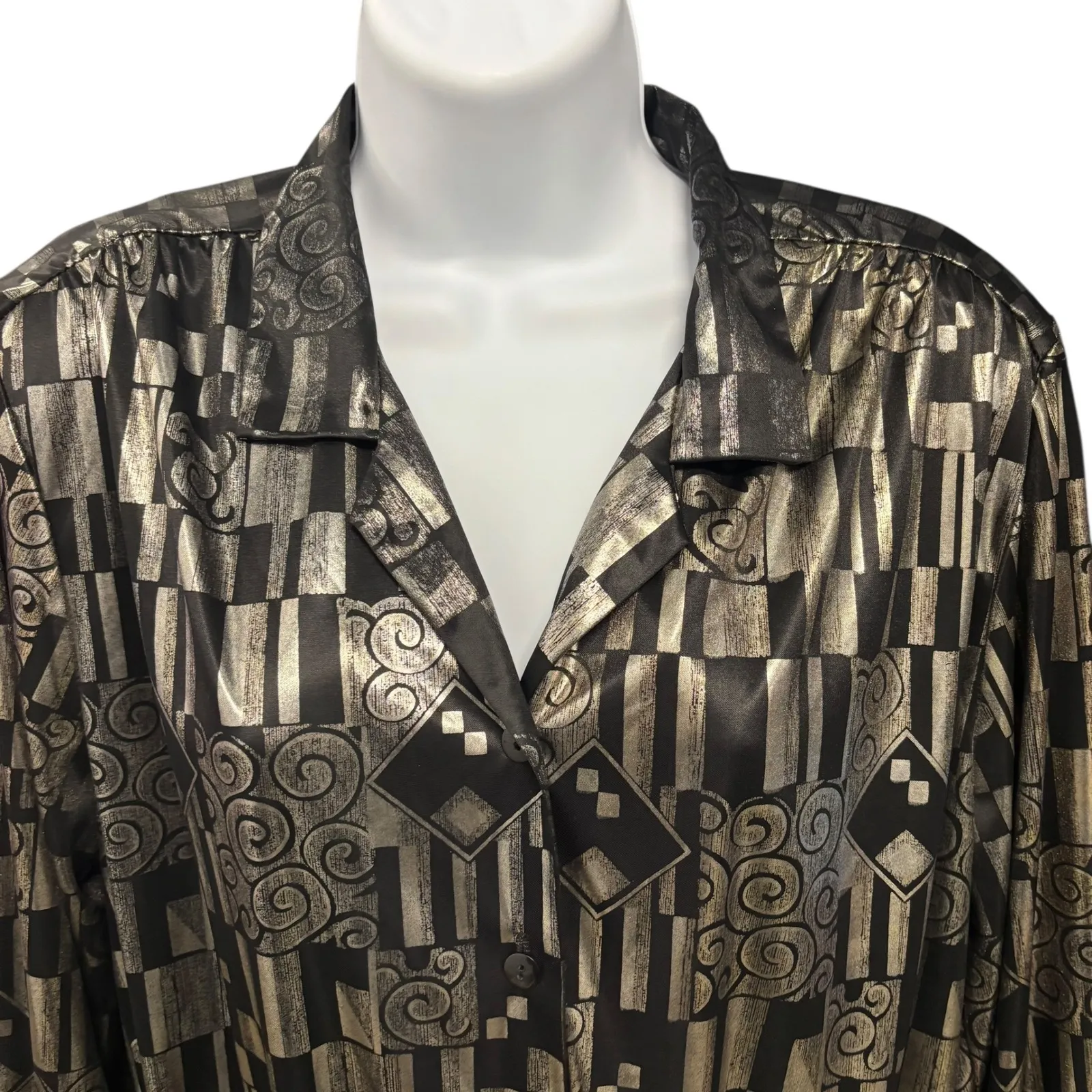 VTG Lori of CA Black Gold Geometric Blouse Long Sleeve Elastic Waist Elegant Top Size L - Image 2