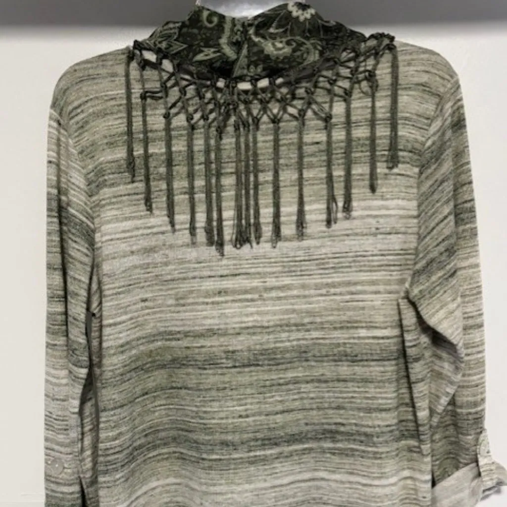 One World L Top Green Paisley Fringe Scarf Boho Casual Chic Hippie Roll Tab Cozy - Image 3