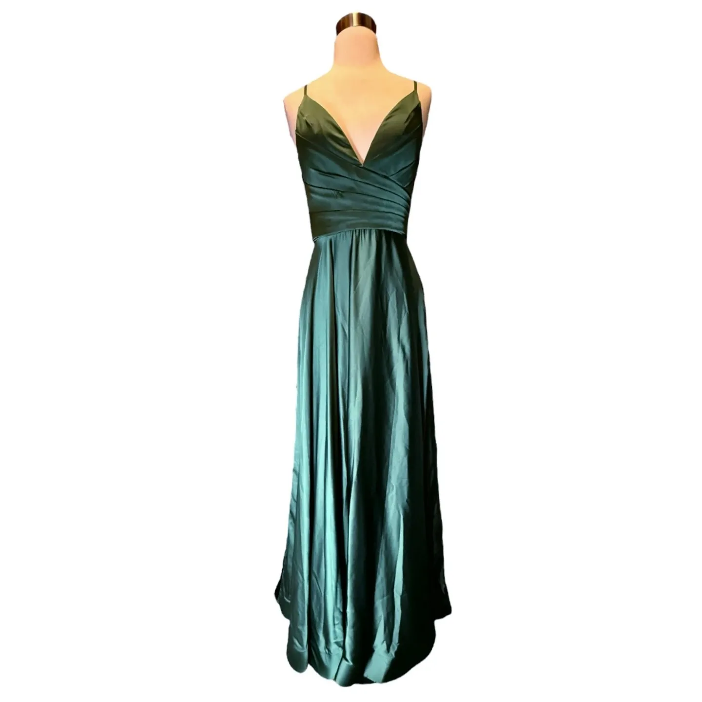 LA FEMME Emerald Green Satin Ball Gown Plunge V-Neck Dress Slit Evening 6 NWT - Image 12
