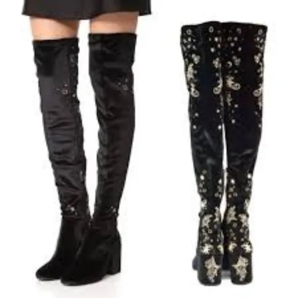 ASH Eros Velvet Boho Black Tall Boots Embroidered Over-The-Knee Sz 37 US 6.5 - Image 2