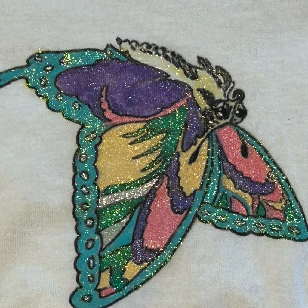 VTG 90s puffy paint whimsical cottagecore frog butterfly glitter tee XL SET of 2 White - Image 3