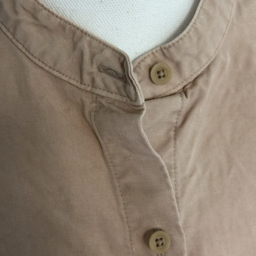 Eileen Fisher Linen Blend Mandarin Collar Shirtdress in Khaki Size Medium - Image 3