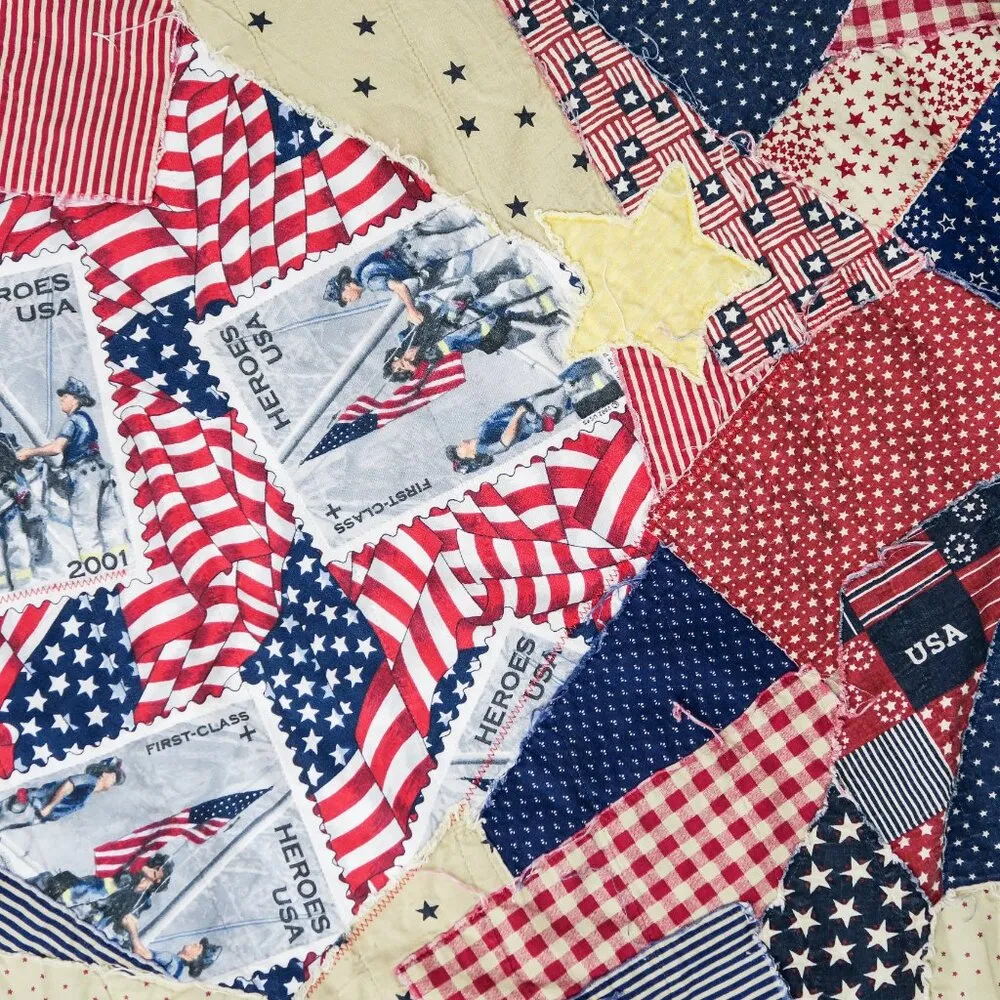 Jerzees Vintage 9/11 Firefighter Patriotic Patchwork Quilted Jacket - Image 9