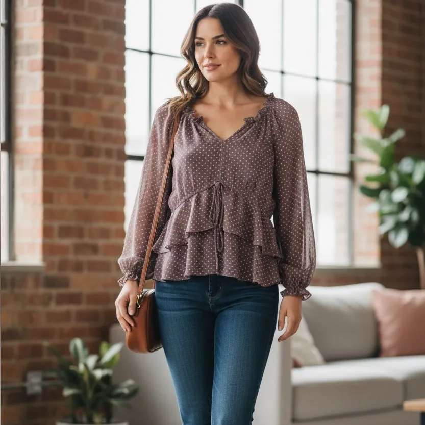 CYNTHIA STEFFE POLKADOT SILK LONG SLEEVE SHEER CHIFFON BLOUSE MAUVE WHITE TOP M - Image 9