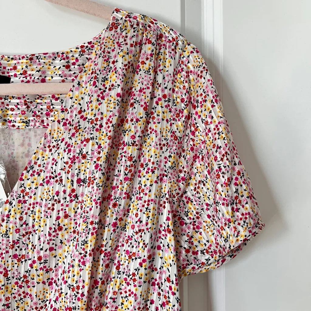 J.Crew Multicolor Floral Midi Dress Field Day Print V-Neck Short Sleeves 12 NWT - Image 4