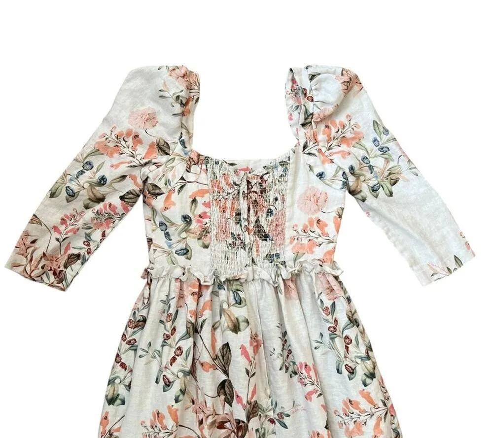 Cara Cara Women’s Blue Hill Trellis Floral Ivory Linen White Midi Dress Size 6 - Image 7