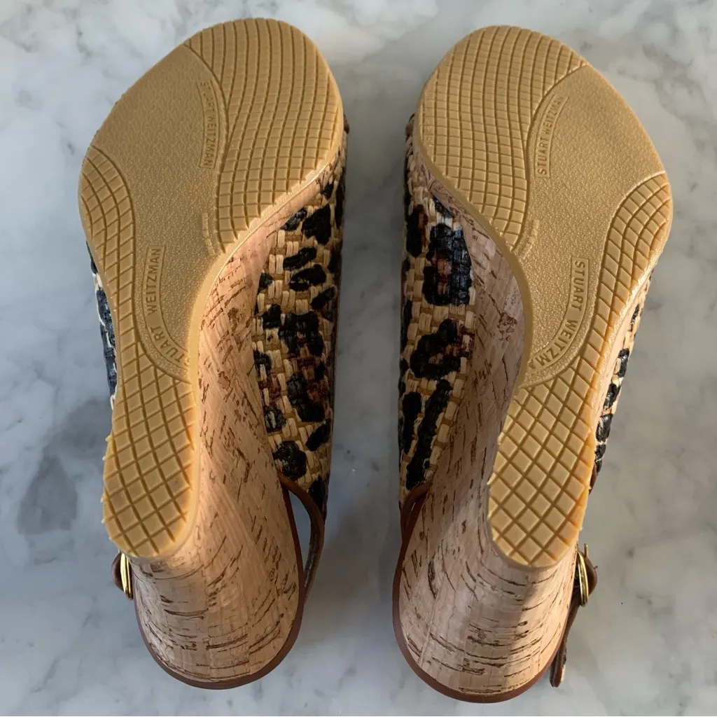 Stuart Weitzman Slingback Wedge Sandals Brown Woven Leopard Print Open Toe Sz 8 - Image 6