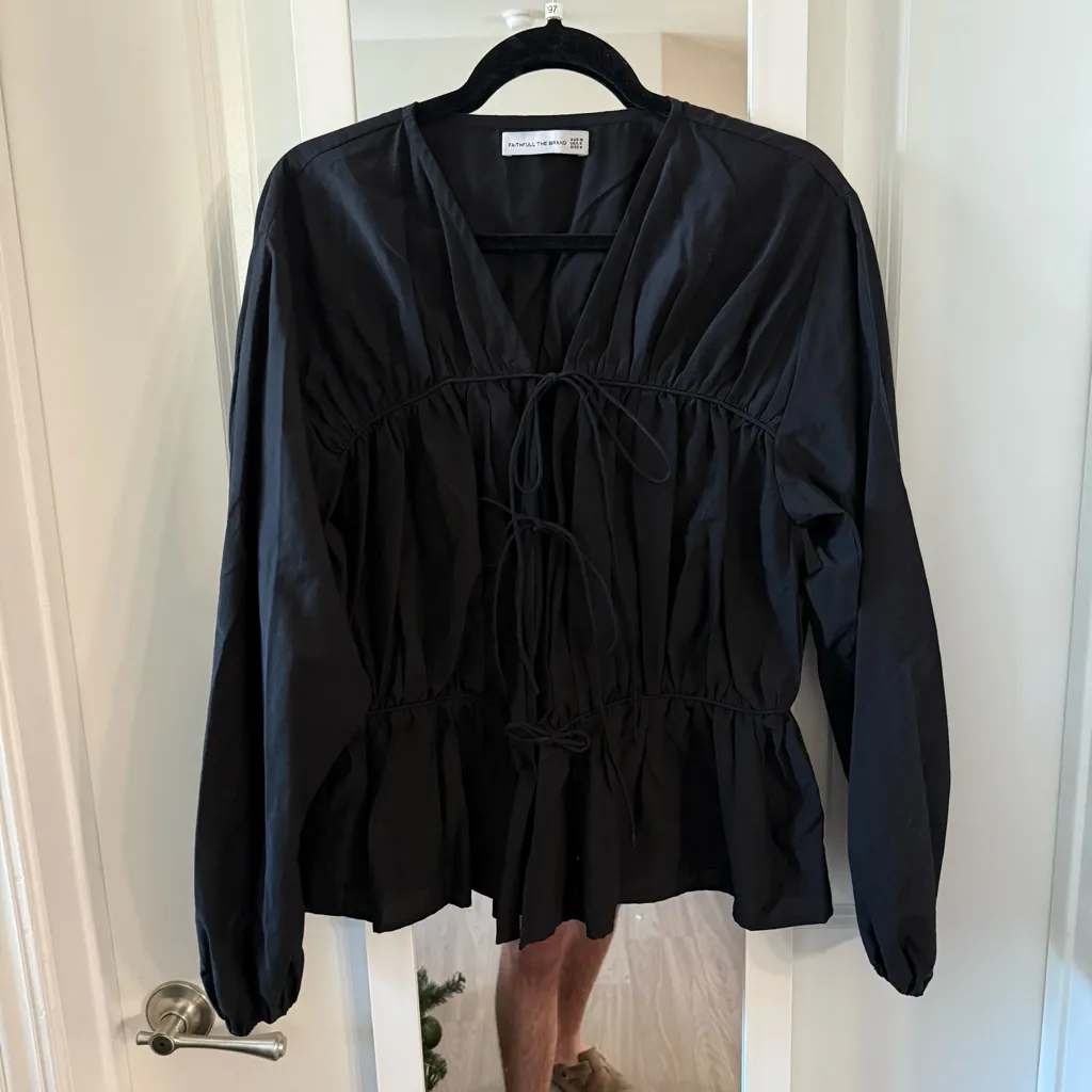 Faithfull the Brand Black Silk Cotton Tie Front Blouse Long Sleeve Size M (US 6) - Image 3