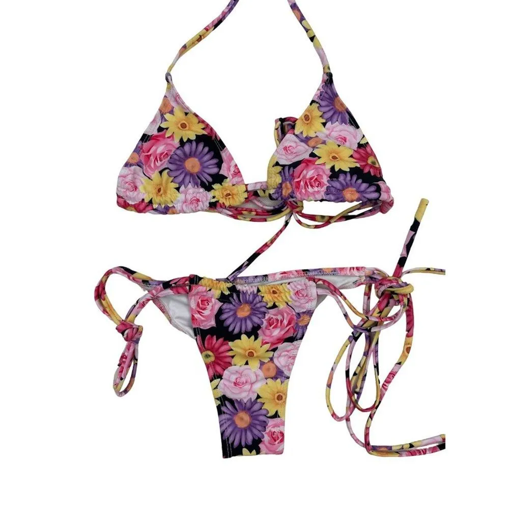 Floral Triangle Bikini Top & Bottoms in Pink Purple & Yellow - Image 2
