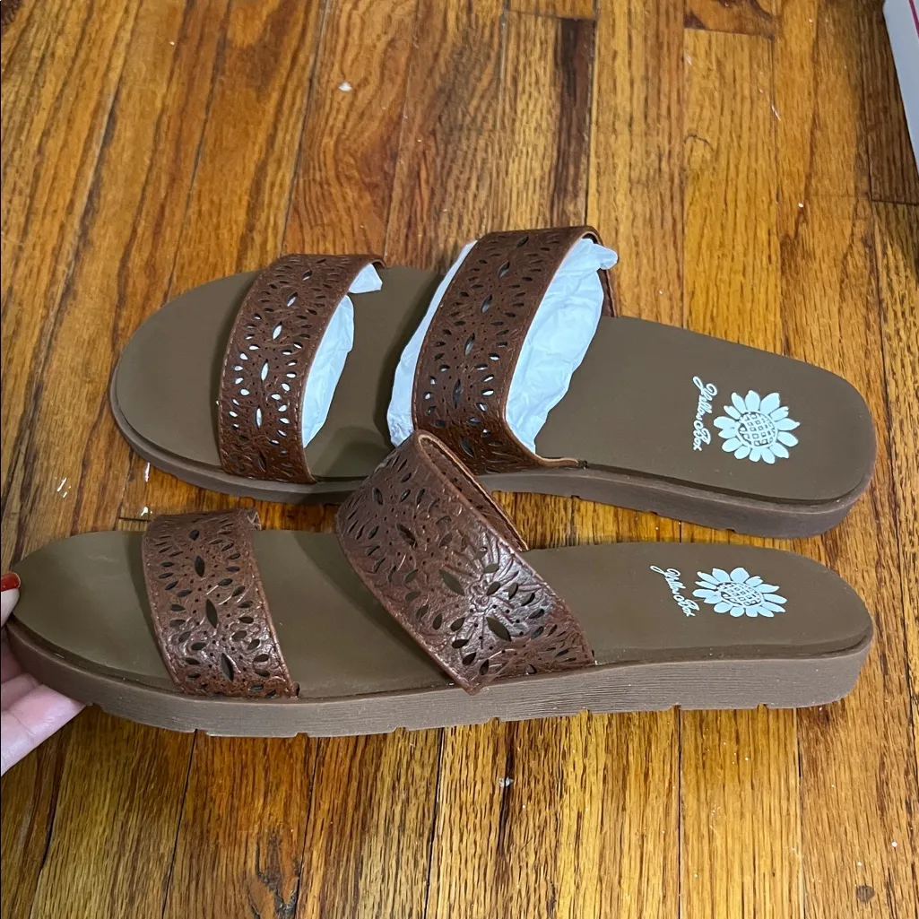 Yellow Box Tan Laser-Cut Sandals - Image 3