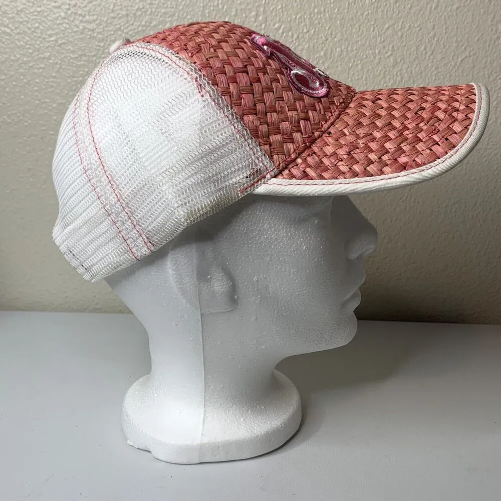 Wicker Woven Straw Hat Pink White Adjustable SnapBack Women’s Cap - Image 5