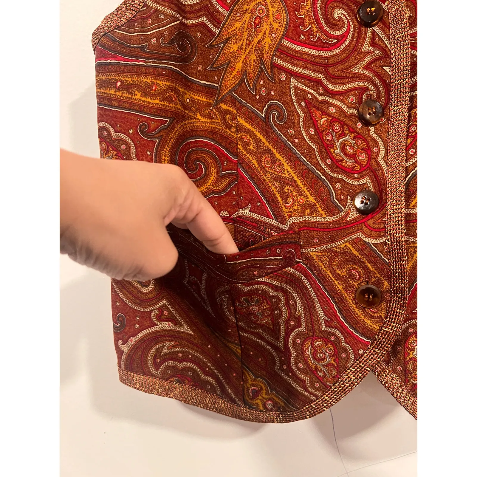 Vintage 90s Silk Blend Womens Red Orange paisley brocade vest waist coat Small - Image 4