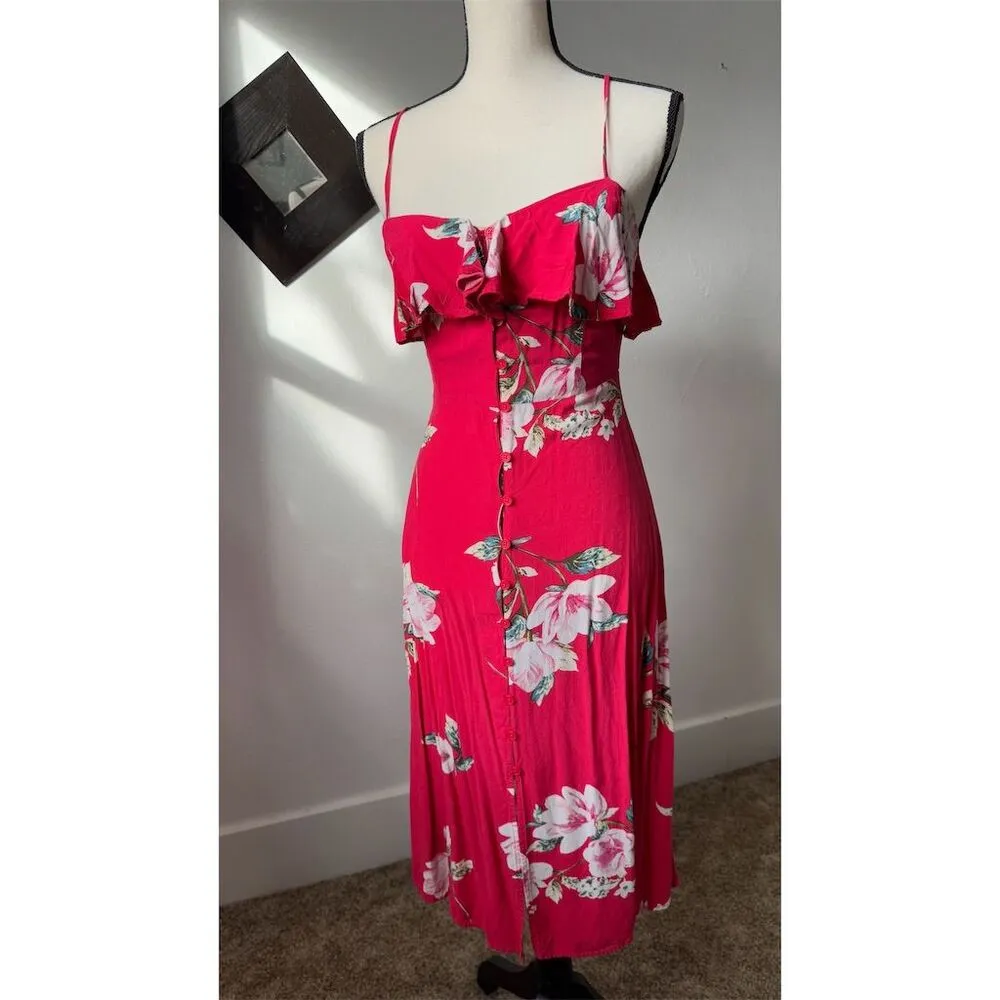 Band of Gypsies Womens XS Floral Ruffle Button Down Red Midi Dress Keyhole Back - Image 3