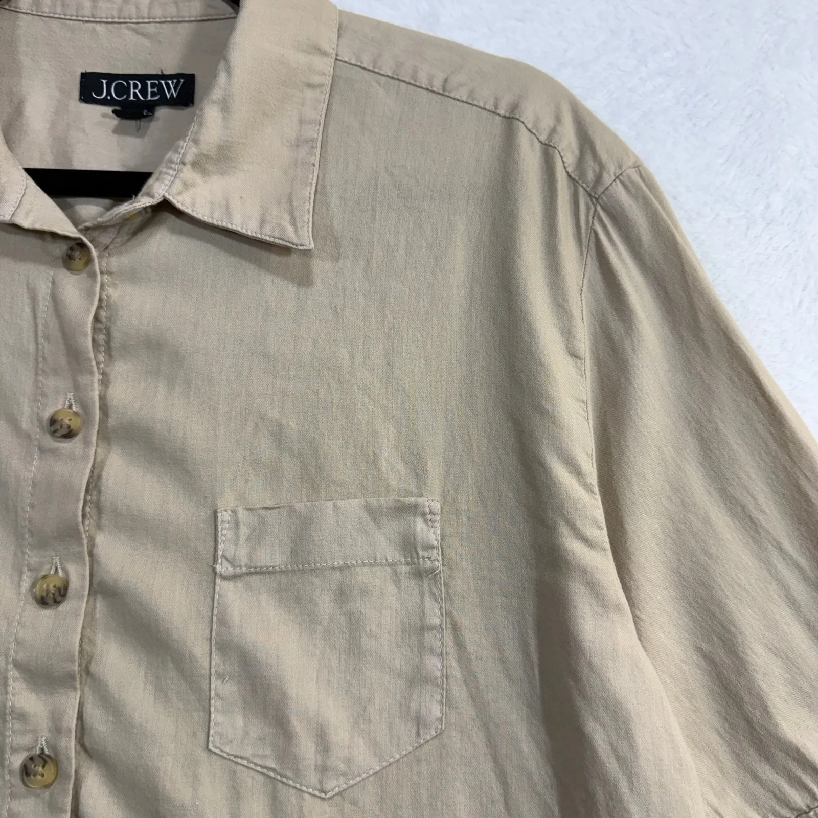 J. Crew 8 Herringbone Twill Button Up Top Beige Cotton Minimalist Office Coastal - Image 2