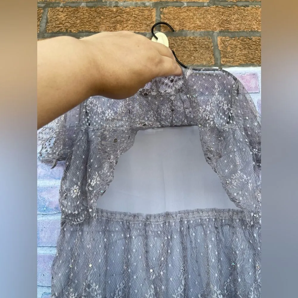 Vintage 1980s Rina Di Montella Silk with Tiered Lace and Rhinestones dress 10 Gray - Image 4