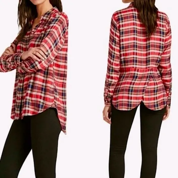 Lucky Brand Bungalow red plaid tulip hem flannel button down size small - Image 2