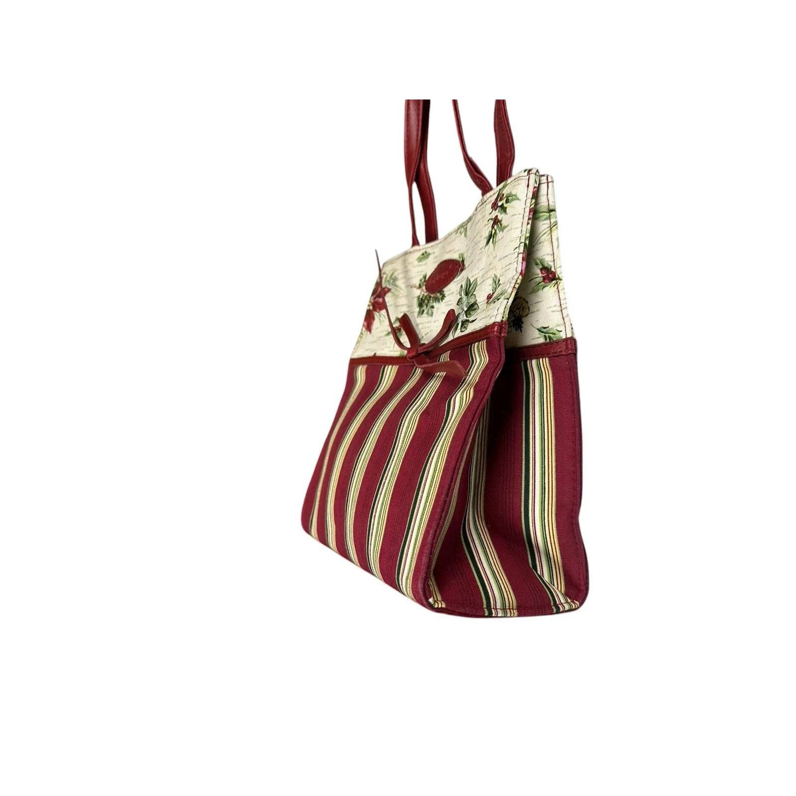 Longaberger Holiday Christmas Gift Bag Holly Berry Poinsettia Striped Fabric 9" Red - Image 5
