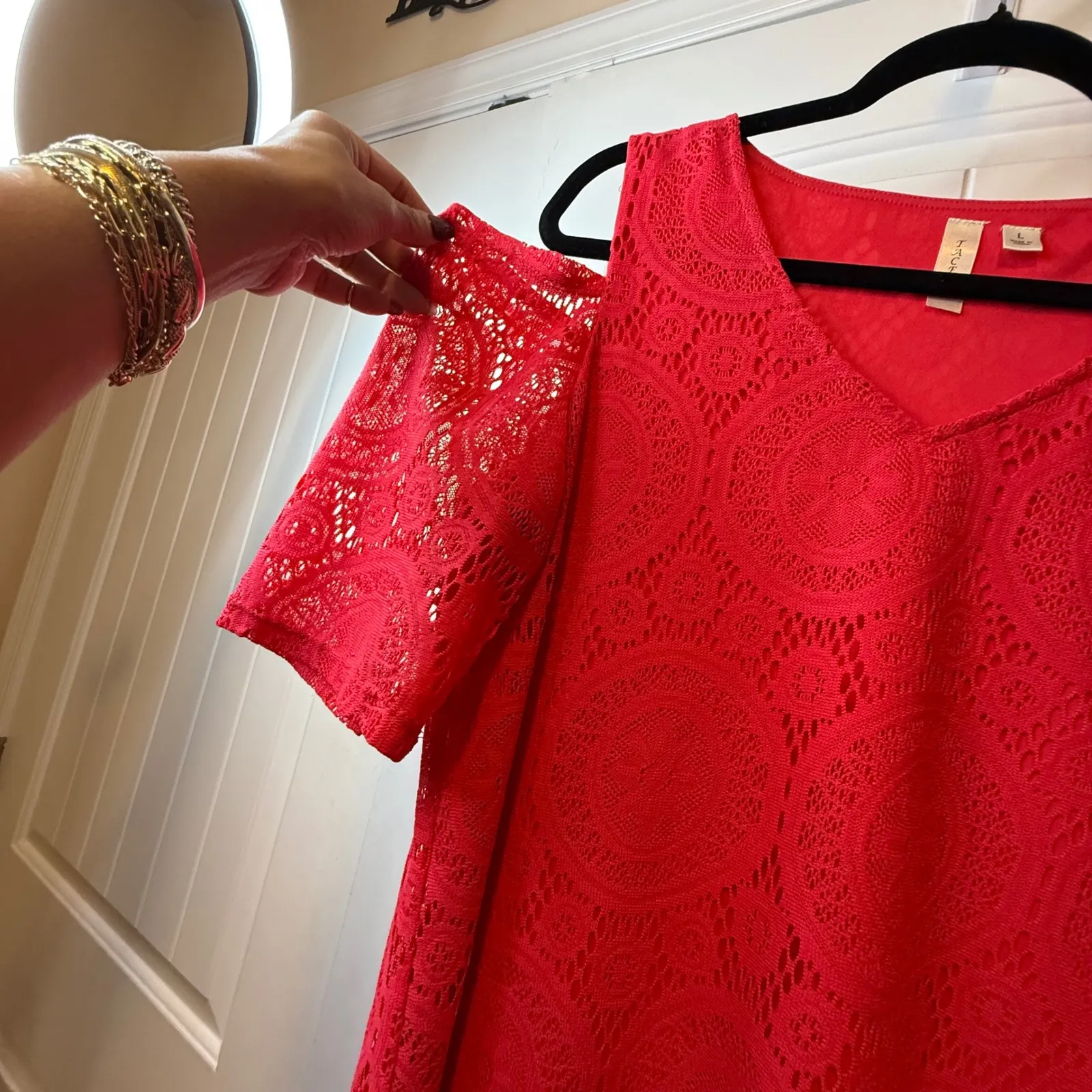 Tacera Womens Dress Lace‎ Cold Shoulder V Neck Pink Size L Dark Coral Trendy # - Image 4