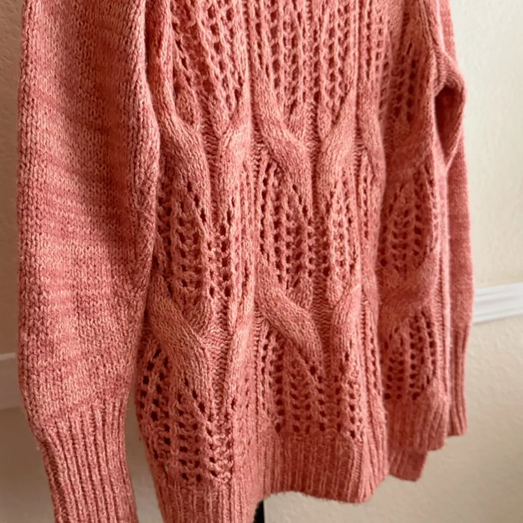 Soft Knit Textured Open Weave Cozy Scoop Neck Sweater Pink Layering Top Large - Image 9