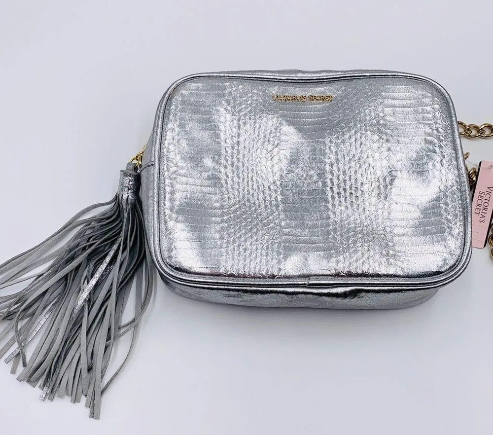 NWT Victoria’s Secret Metallic Silver Embossed Tassel Crossbody Bag Purse - Image 3