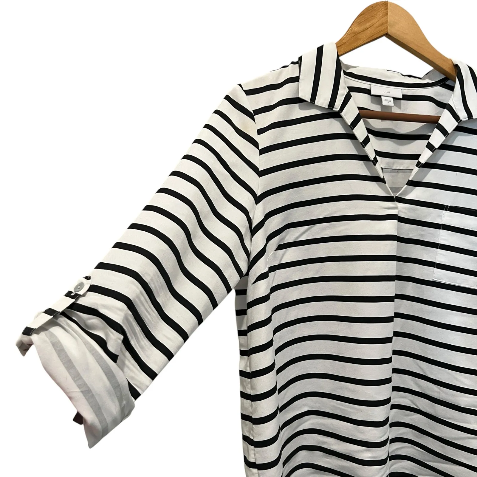 J.JILL Women's 3/4 Sleeve Polo Shirt Sz M Loose Fit White Black Striped Preppy Size M - Image 3