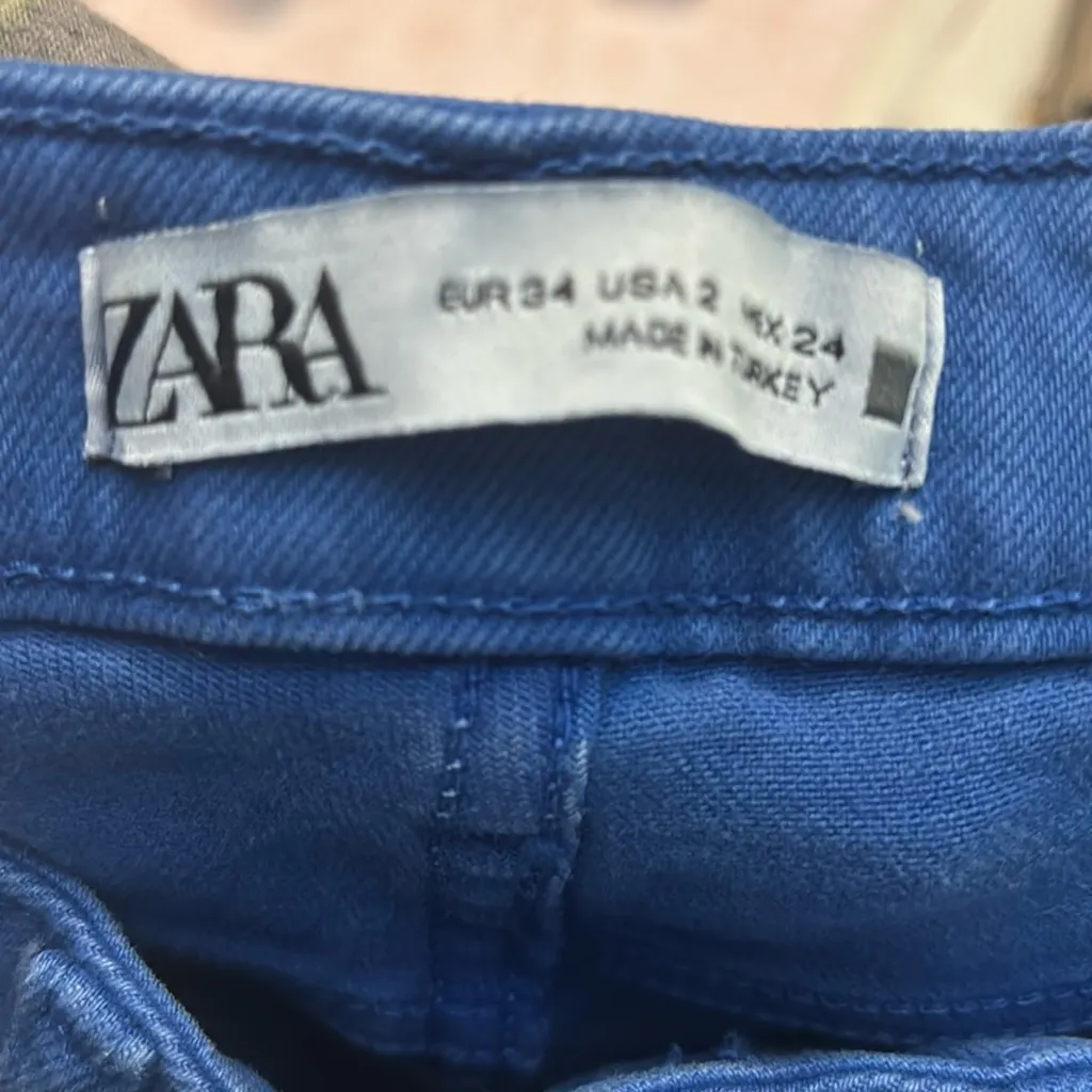 ZARA Straight Leg Jeans  2 High Rise Hem Slit Frayed Cobalt Blue Denim Casual - Image 10