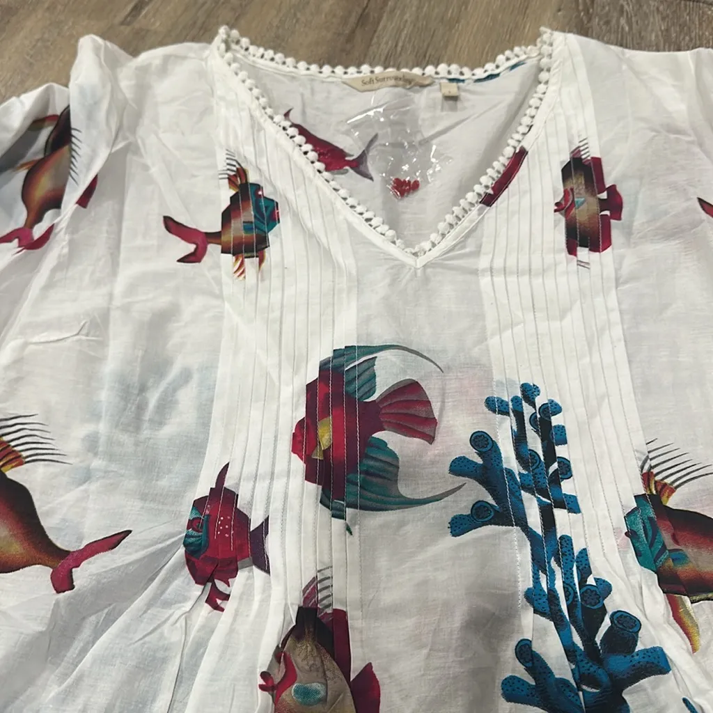 Women's White and Blue Fish Print beach cover up - Image 2