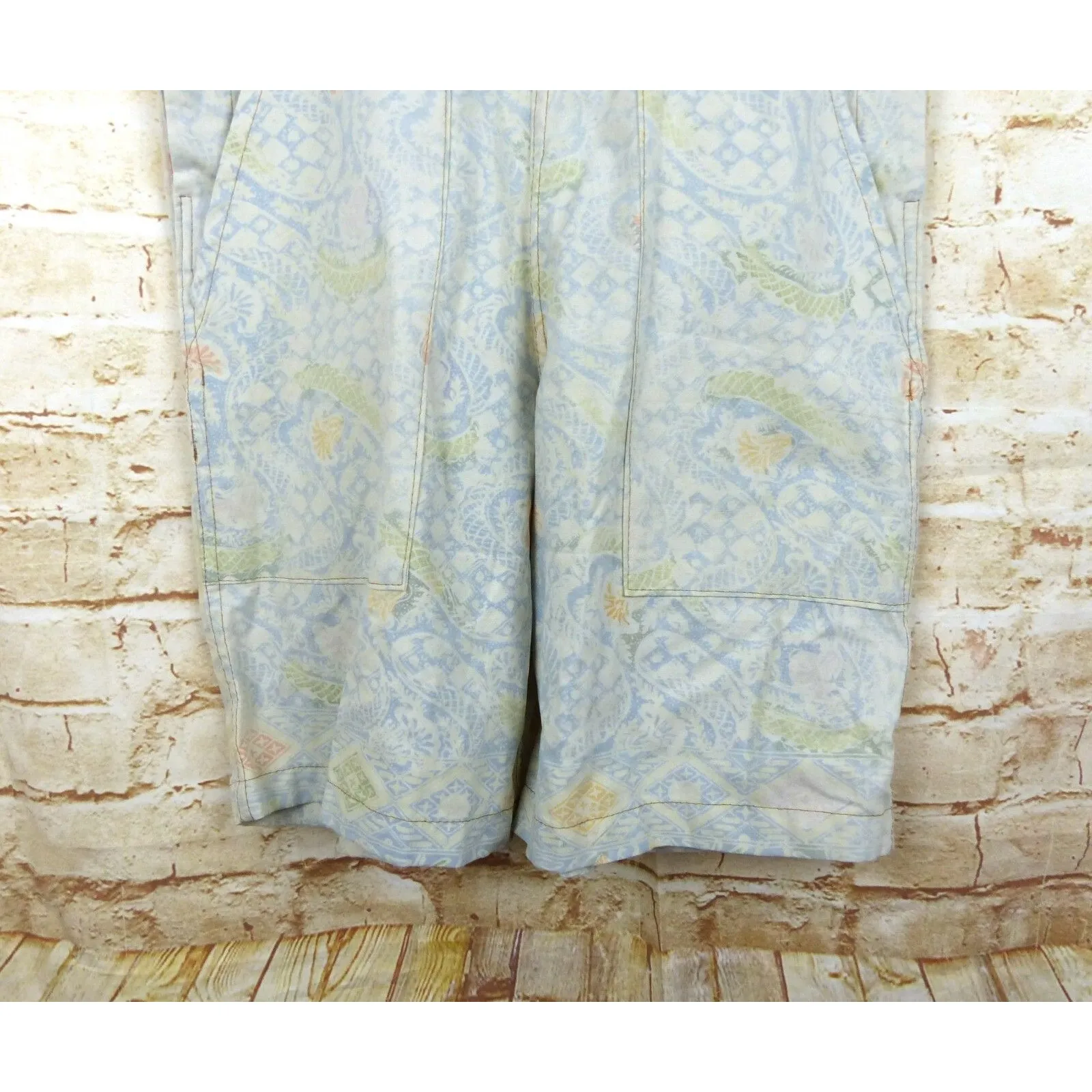 Boho Printed Shortall Women XS Ivory Blue Floral Paisley Bali Batik Home Cottage - Image 6