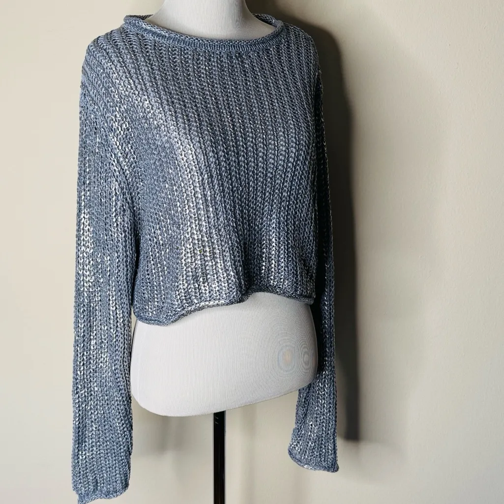 ZARA  Blue and Silver Metallic Cropped Sweater - Image 6