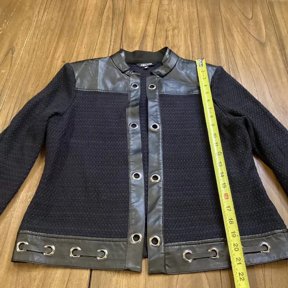 Misook Faux Leather Trim Knit Open Front Moto knit Blazer cardigan Jacket XS - Image 2