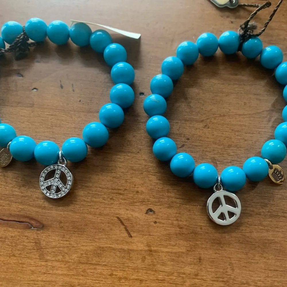 Juicy Couture Pam & Gela Blue Beaded Friendship Bracelets w Crystal Peace Sign - Image 6