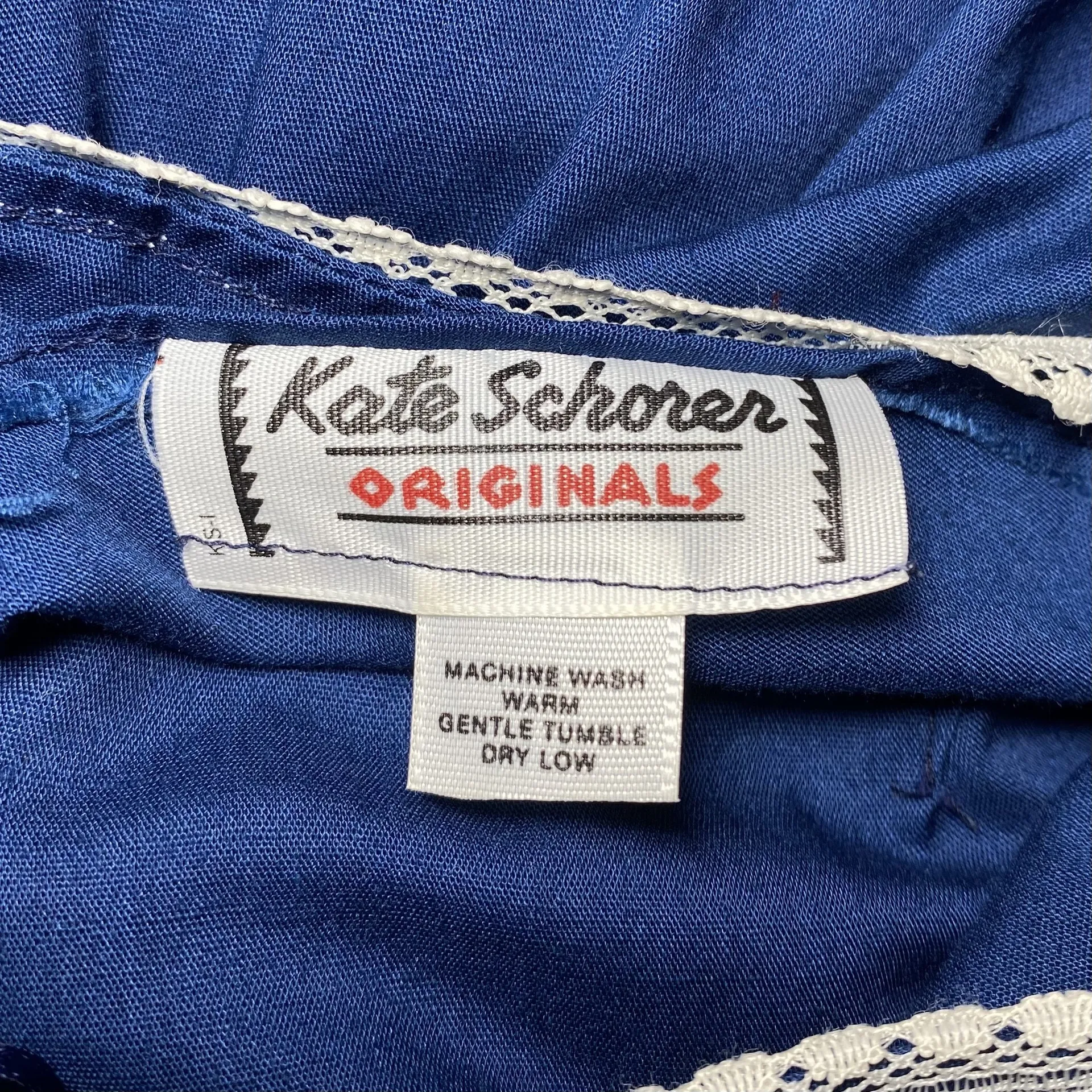 Kate Schorer Blue Pioneer Prairie Dress Size Medium Lace Trim Puff Sleeve VTG - Image 5