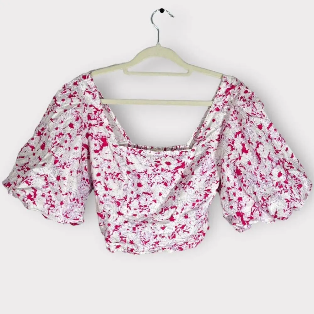 Open Edit White Pink Puff Sleeve Linen Blend Crop Top Women's Size XXS NWT - Image 2