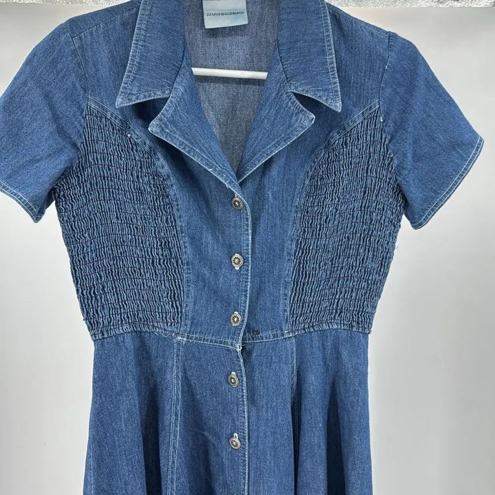 Dennis Goldsmith midi button front fit and flare denim ruched waist dress 4 Blue - Image 6