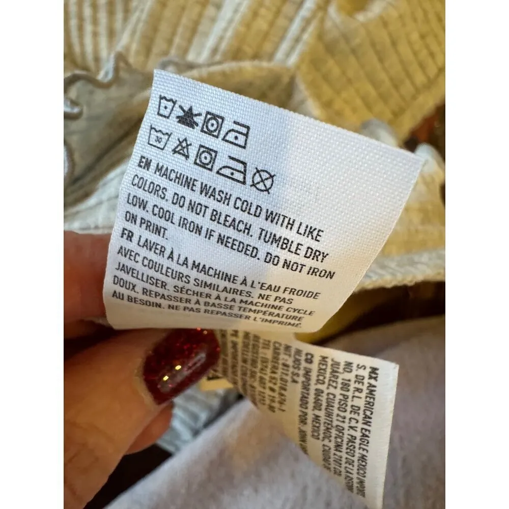 American Eagle‎ Shirt Women Small Gray Ribbed Knit V Neck Henley Baby Tee NWT - Image 12