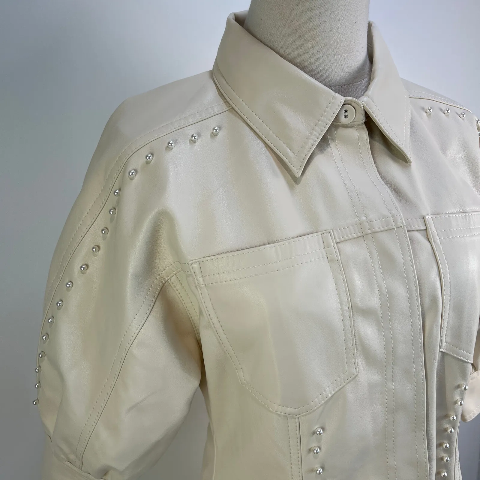 Aje Claire Pearl Mini Dress Faux Leather Ivory Cream Ecru White Size 8 - Image 3